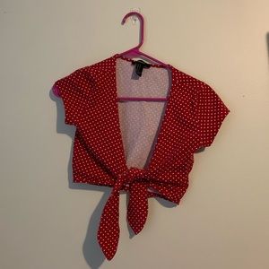 Red and white polka dot top